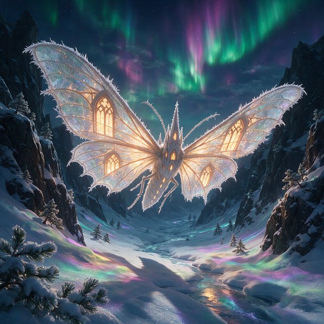 A cathedral-sized mothlike creature glides above a frozen ravine, its translucent wings veined with amber light and fringed with frost. Tiny mountain pines cling to the cliffs as aurora colors ripple across the snow. — Seedream 5.0 Pro