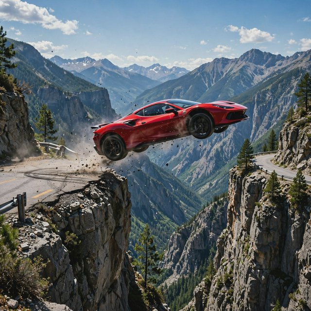 A sports car in a daredevil stunt has driven off a road from a high cliff, attempting to fly and land on the road on the next cliff. Beautiful mountainous background, sunny blue sky. Show motion, speed, and action. — Muse Image 1.0