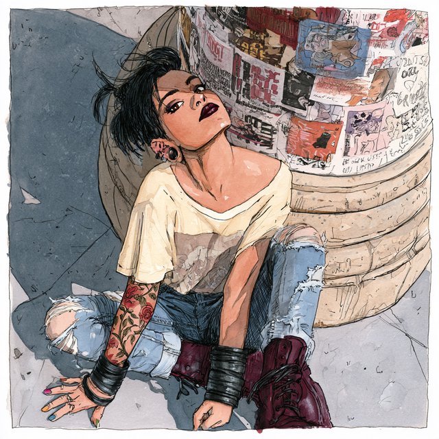 Realistic India ink illustration with crisp black lines, realistic anatomy and proportions, and watercolor fills; black ink outlines remain visible. Full-length, overhead view. A Latina woman sits on the pavement with her back against an enormous, thick round downtown pillar covered in posters for bands, art shows, burlesque, and a lost dog. One hand rests on the pavement, the other on an ankle. She tilts her head back, looking up at the viewer with a confident smile. Character: 25-year-old woman, medium-brown skin, slim build, edgy punk/goth appearance. Black asymmetrical undercut, right side shaved, longer top brushed across forehead, short messy ponytail. Sharp features, arched brows, brown almond-shaped eyes, heavy eyeliner, dark burgundy lipstick, six ear piercings. Each fingernail a different color. Loose pale-yellow graphic T-shirt, ripped blue jeans, dark red combat boots. Full left-arm sleeve tattoo of vines, leaves, and red roses. Thick black leather bracelets on both wrists. — Midjourney V8.2