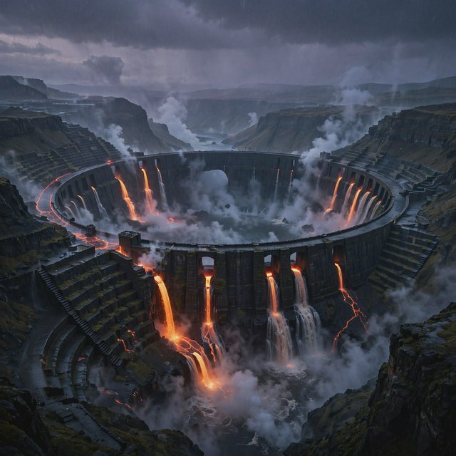 A colossal ring-shaped dam bridges a volcanic caldera, its black stone spillways veined with molten light. Rain veils the terraces as steam rises into a bruised dusk sky. — Muse Image 1.0