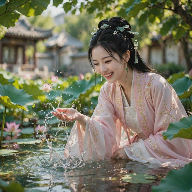 Cinematic shot, a breathtakingly stunning adult Chinese woman from ancient times playing joyfully by a crystal-clear lotus pond, mid-summer afternoon. She is wearing an exquisite, flowing silk Hanfu dress in pastel pink and white with intricate gold embroidery. Her face is porcelain-smooth, with delicate makeup, long black hair elegantly styled with jade hairpins, and a radiant, charming smile. Water droplets frozen in mid-air, sunlight filtering through lush green lotus leaves, creating dappled light on her skin. Shallow depth of field, bokeh background of traditional Chinese architecture, hyper-realistic, soft natural lighting, serene yet playful atmosphere. — Muse Image 1.0