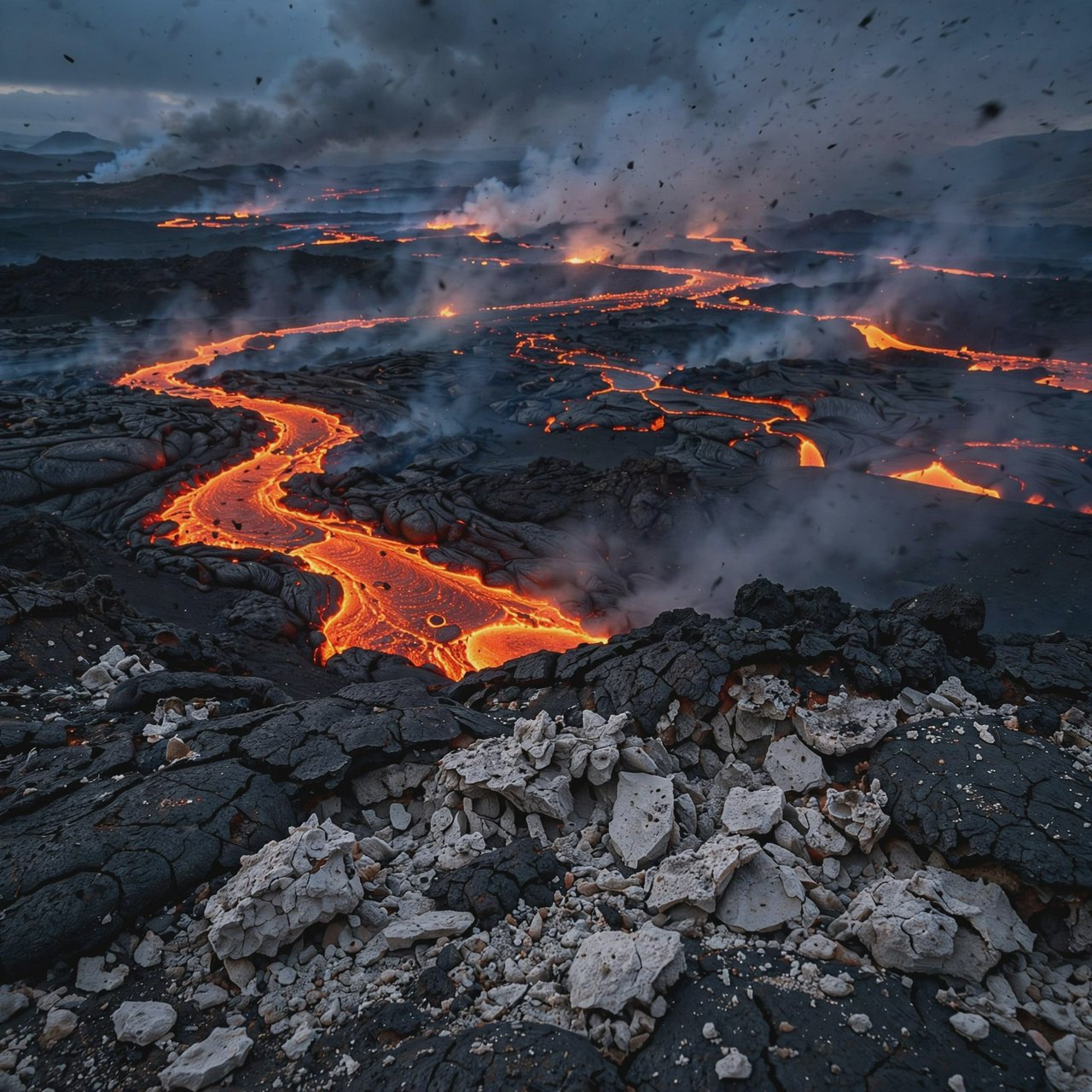 Fresh lava threads a black cinder plain on a volcanic island at dusk beneath ash-laden wind; blistered crust and brittle pumice in the foreground give way to glowing fissures fading into smoke. — Muse Image 1.0