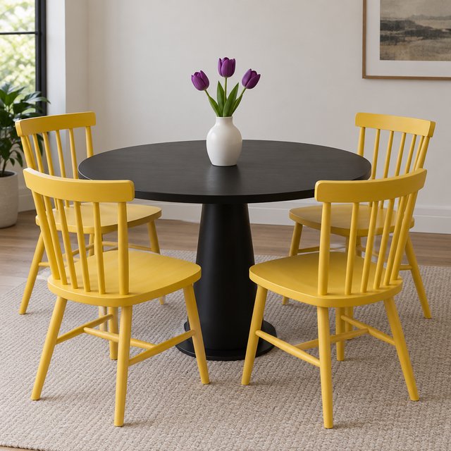 Exactly four yellow wooden chairs surround a round black table: two chairs at the front, one on the left, and one on the right. A white vase with three purple tulips sits at the table center, nothing else. — GPT Image 2.5 Sunburst