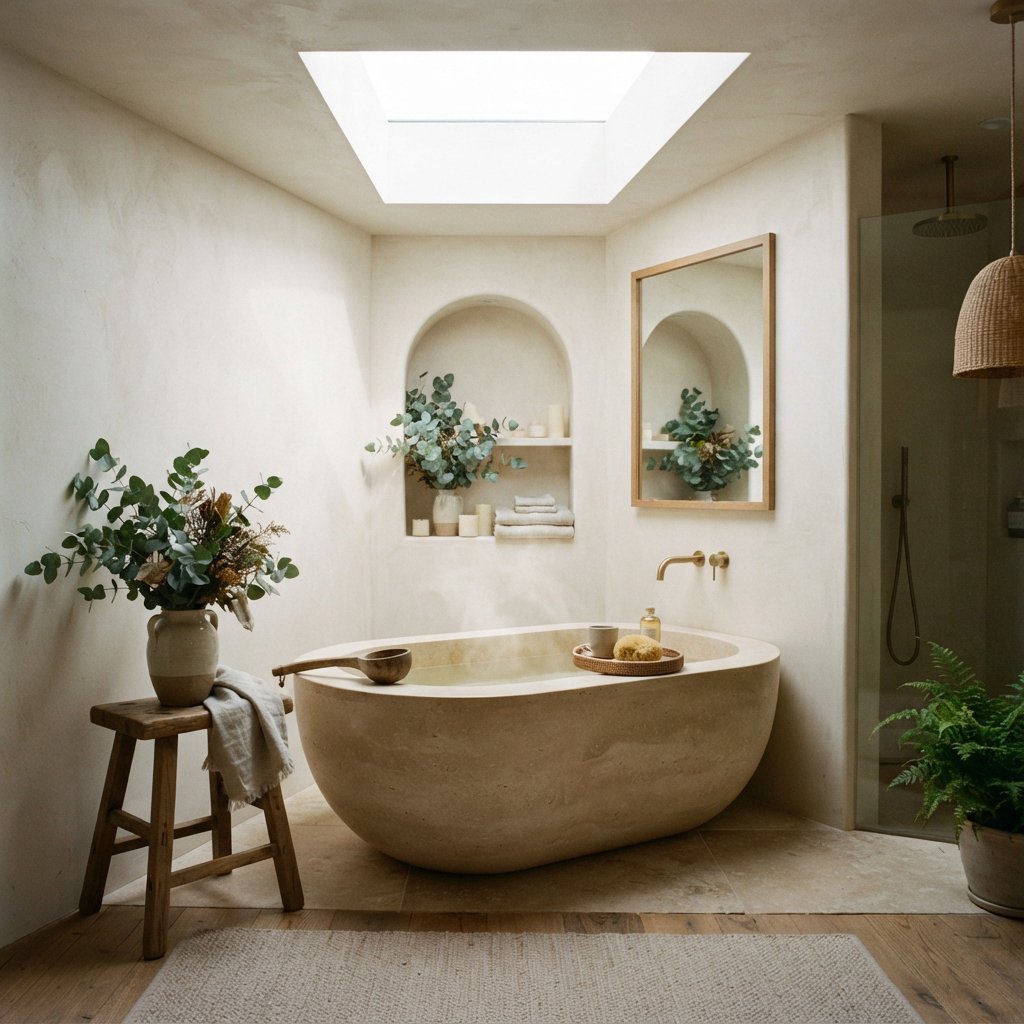 A spa bathroom with a stone tub, a skylight, plaster walls in warm white, eucalyptus in a vase, soft shadows. — Nano Banana 2 Lite