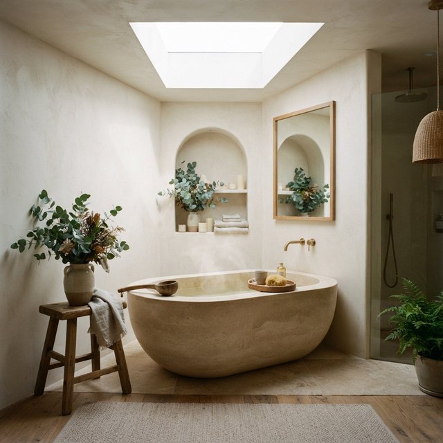 A spa bathroom with a stone tub, a skylight, plaster walls in warm white, eucalyptus in a vase, soft shadows. — Nano Banana 2 Lite