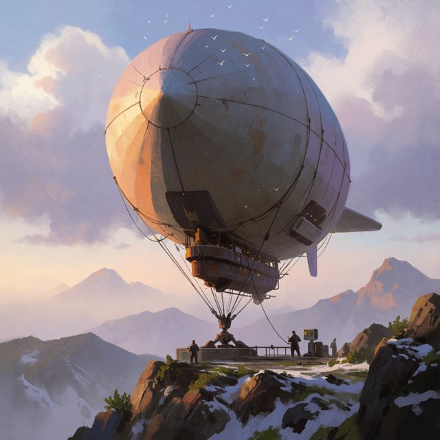 Concept art of a weathered cargo airship docking at a mountaintop station, crew tiny for scale, late afternoon light. — Krea 2 Medium