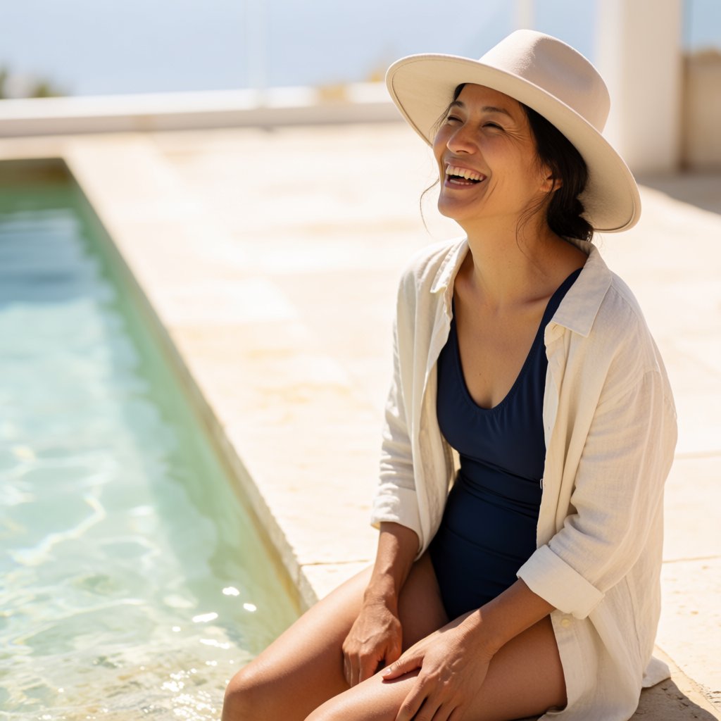 Beside a pale-stone pool, an adult woman in a navy one-piece swimsuit and loose ivory linen shirt pauses mid-laugh, sunlight sparkling on water and warm stone; crisp shadows and poised styling give the moment polished fashion-magazine glamour. — Krea 2 Medium