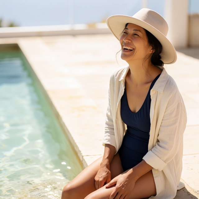 Beside a pale-stone pool, an adult woman in a navy one-piece swimsuit and loose ivory linen shirt pauses mid-laugh, sunlight sparkling on water and warm stone; crisp shadows and poised styling give the moment polished fashion-magazine glamour. — Krea 2 Medium