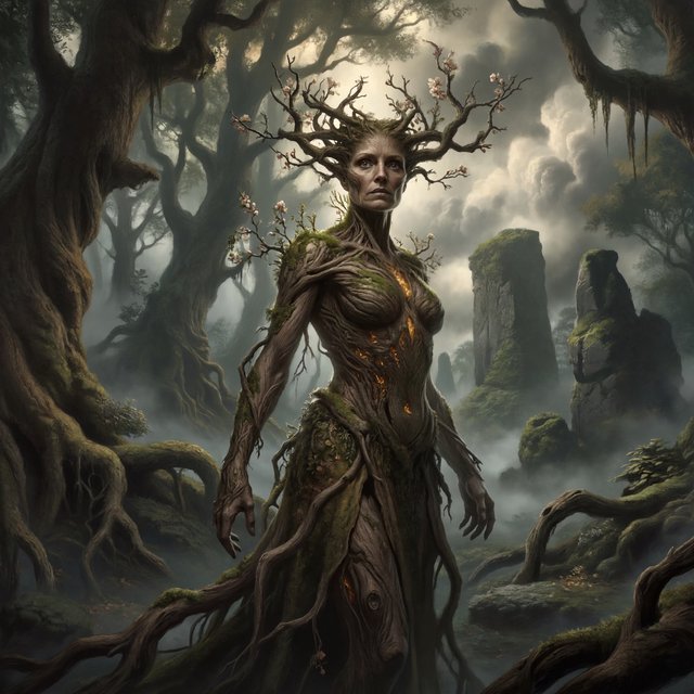 fantasy aesthetic, volumetric fog, chiaroscuro lighting, subsurface scattering, sculptural realism, an epic adult dryad. — ImagineArt 2