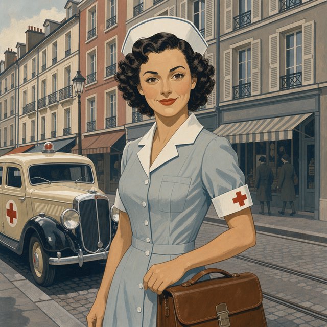 A digital illustration depicts an attractive vintage-style nurse with fair skin and dark, curly hair styled in waves reminiscent of past decades. She wears red lipstick, a white nurse's cap, a uniform, and a cross emblem on her sleeve. A classic European street scene featuring an ambulance and old buildings forms the background. — FLUX 3 Image