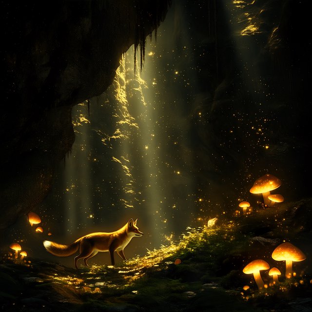 A cunning fox with fur like molten gold cautiously steps through a dense, ancient forest. Shafts of light pierce the canopy, illuminating dust motes dancing in the air. Strange, glowing mushrooms cast an otherworldly light on the moss-covered ground. The style is a blend of dark fantasy illustration and hyperrealism, with a focus on dramatic, cinematic lighting. — Midjourney Niji 7