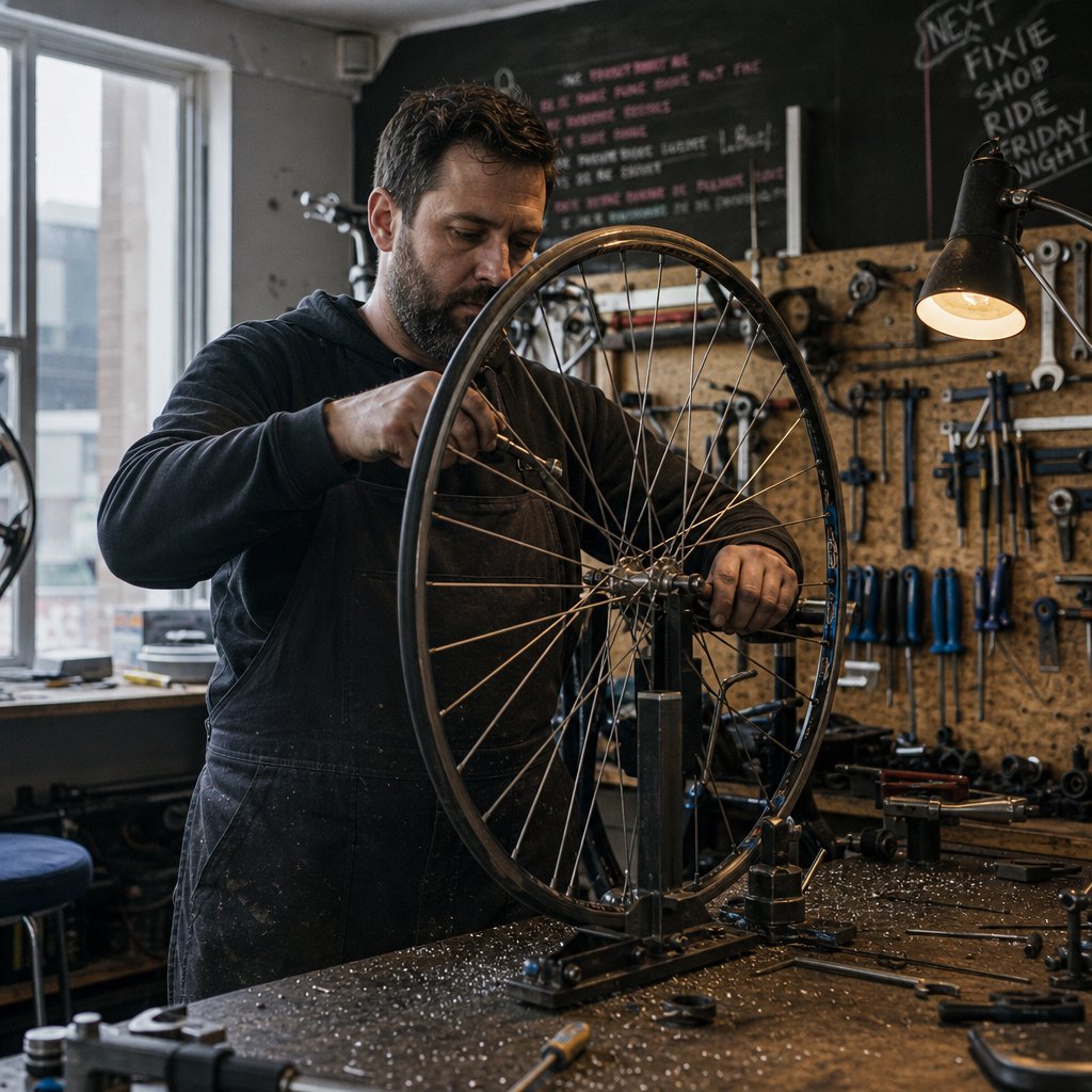 Candid documentary photograph of an adult bicycle mechanic tightening a wheel in a modest repair shop, cool window light mixing with a warm work lamp, 35mm lens with moderate depth of field, fine metal filings caught on the workbench. — GPT Image 2