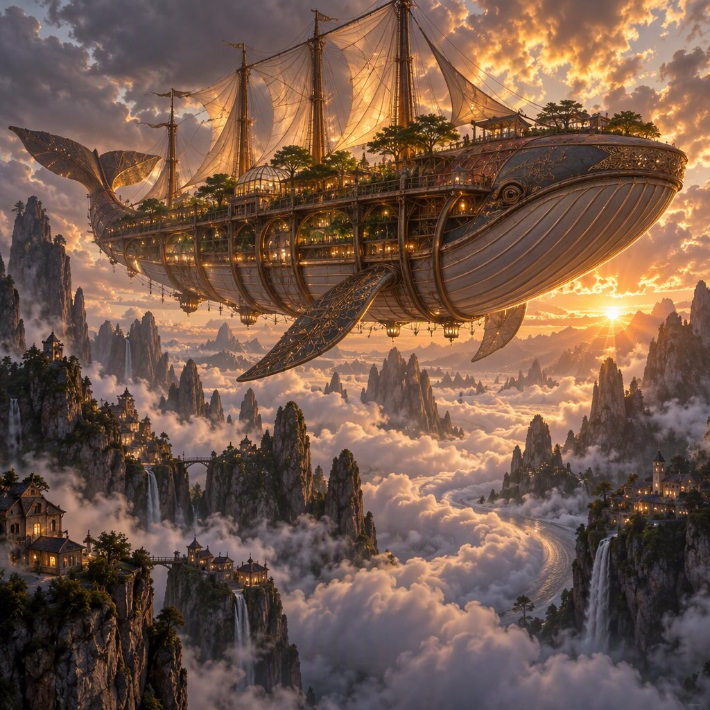 A vast, whale-shaped sky barge sails between mountain spires, its copper ribs supporting gardens and glowing sailcloth. Below, cloud rivers curl around tiny cliff villages as sunset pours through storm breaks, outlining the vessel in molten gold. — GPT Image 2.5 Sunburst