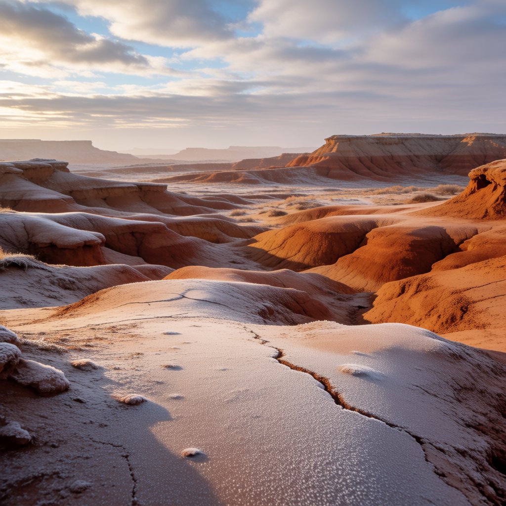 A red-sandstone badlands plateau beneath clearing winter clouds at sunrise, overnight frost silvering the gullies; cracked clay and wind-smoothed rock lead the eye across layered mesas fading into pale distance. — Krea 2 Medium