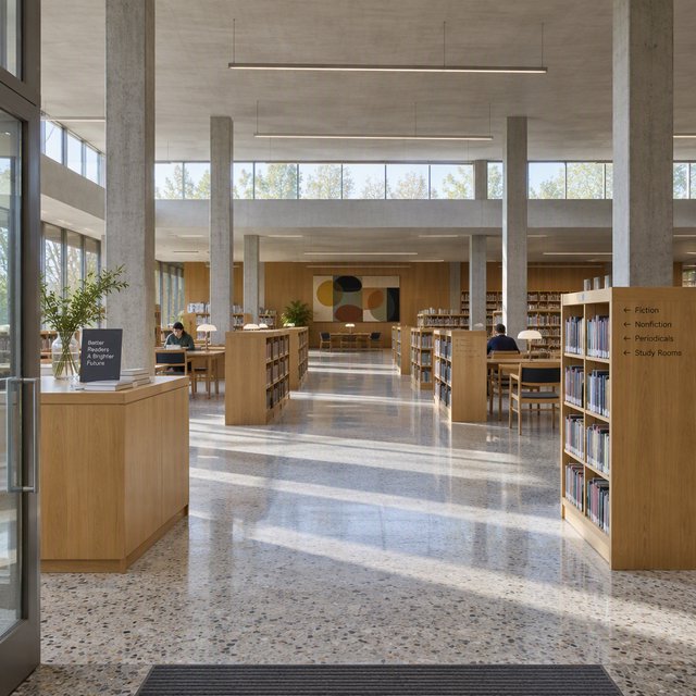 Interior of a mid-century modernist public library, with pale oak shelving, exposed concrete columns, terrazzo flooring, and a broad clerestory. Diffuse morning light crosses the reading hall, viewed from the entrance down its central aisle, with precise lines and plausible structure. — GPT Image 2.5 Flare