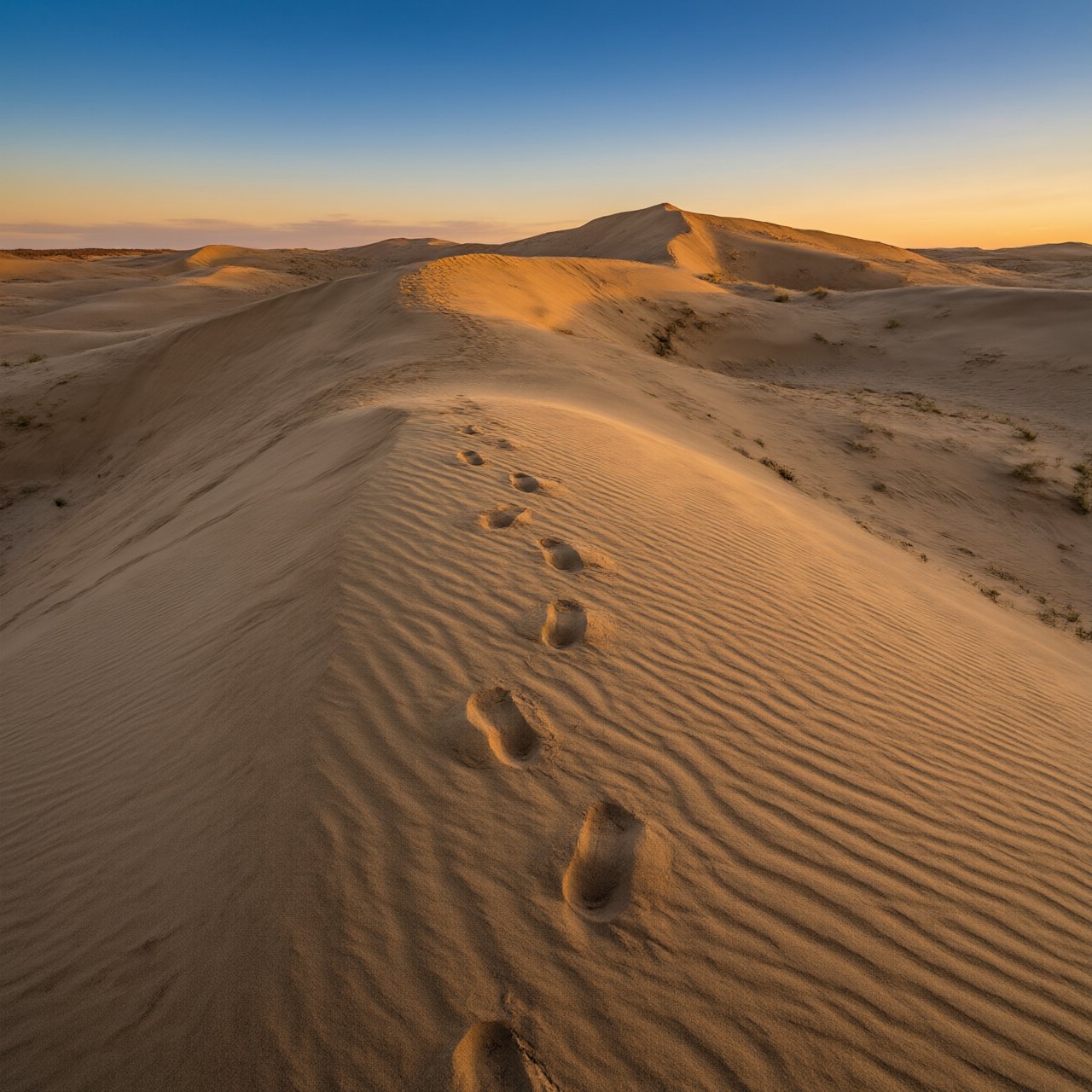 Sand dunes at sunset with wind-blown ridges, one set of footprints, deep blue sky fading to orange. — Qwen Image 3.0