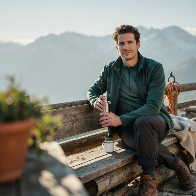 Editorial glamour photograph of an adult man in a forest-green fitness set, resting naturally after a hike on a sunlit alpine lodge terrace, flattering morning light on his face, relaxed expression, distant peaks softened behind him. — Ideogram v4
