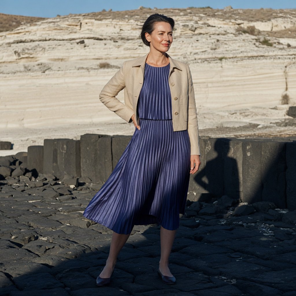 Across a basalt terrace, an adult woman in her early forties poses in a full-length fashion photograph, wearing a pleated indigo silk dress and cropped linen jacket, her composed half-smile lit by hard afternoon sunlight from one side against a pale limestone ridge. — Grok Imagine Image Quality