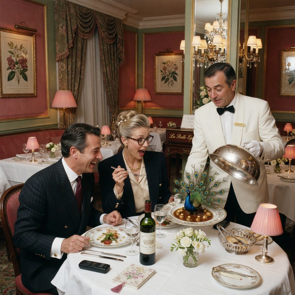 A very posh, well-lit 1990s restaurant with beautiful, tasteful decor. A husband and wife dine in a high-class restaurant. The waiter serves something very surprising as the main course! — Grok Imagine Image Quality