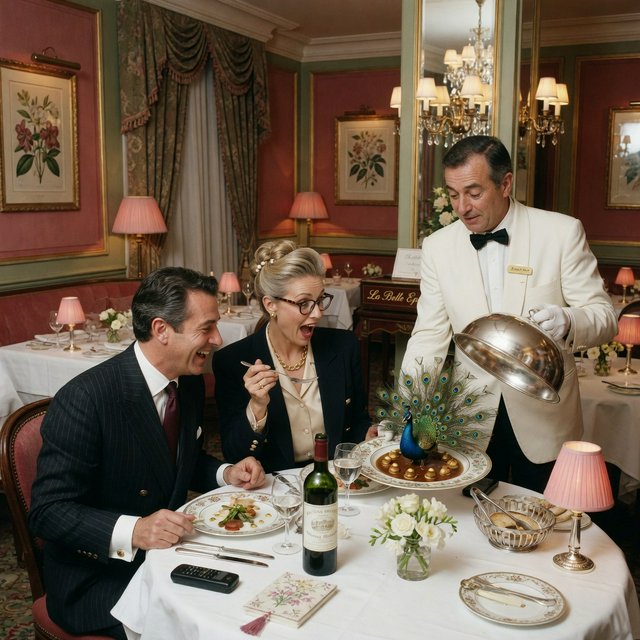 A very posh, well-lit 1990s restaurant with beautiful, tasteful decor. A husband and wife dine in a high-class restaurant. The waiter serves something very surprising as the main course! — Grok Imagine Image Quality
