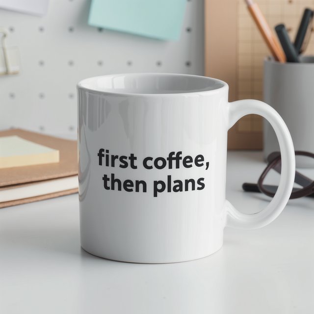 A white ceramic mug on a desk with the words "first coffee, then plans" printed in black lowercase sans-serif. — Kling v3 Omni