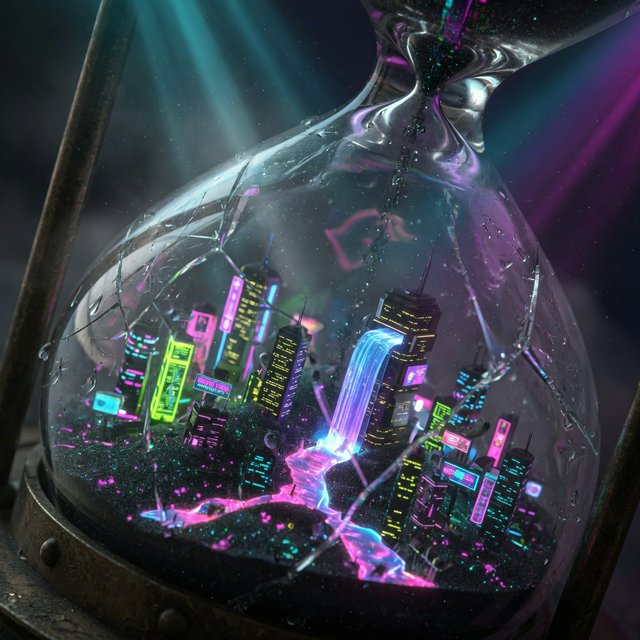 A macro close-up of a miniature glowing cyberpunk city built entirely inside a hollow cracked hourglass, tiny illuminated skyscrapers, flowing neon waterfalls, volumetric light rays piercing through sand, dark moody cinematic lighting, photorealistic depth of field — Grok Imagine Image Quality