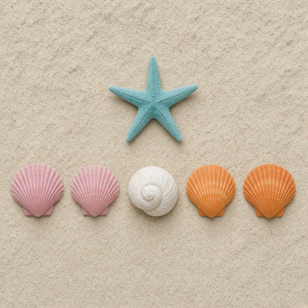 Exactly five seashells lie on pale sand: two pink shells on the left, one white shell in the center, and two orange shells on the right. A turquoise starfish sits above the center shell, nothing else. — Grok Imagine Image 2