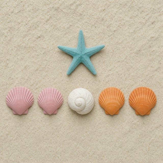 Exactly five seashells lie on pale sand: two pink shells on the left, one white shell in the center, and two orange shells on the right. A turquoise starfish sits above the center shell, nothing else. — Grok Imagine Image 2