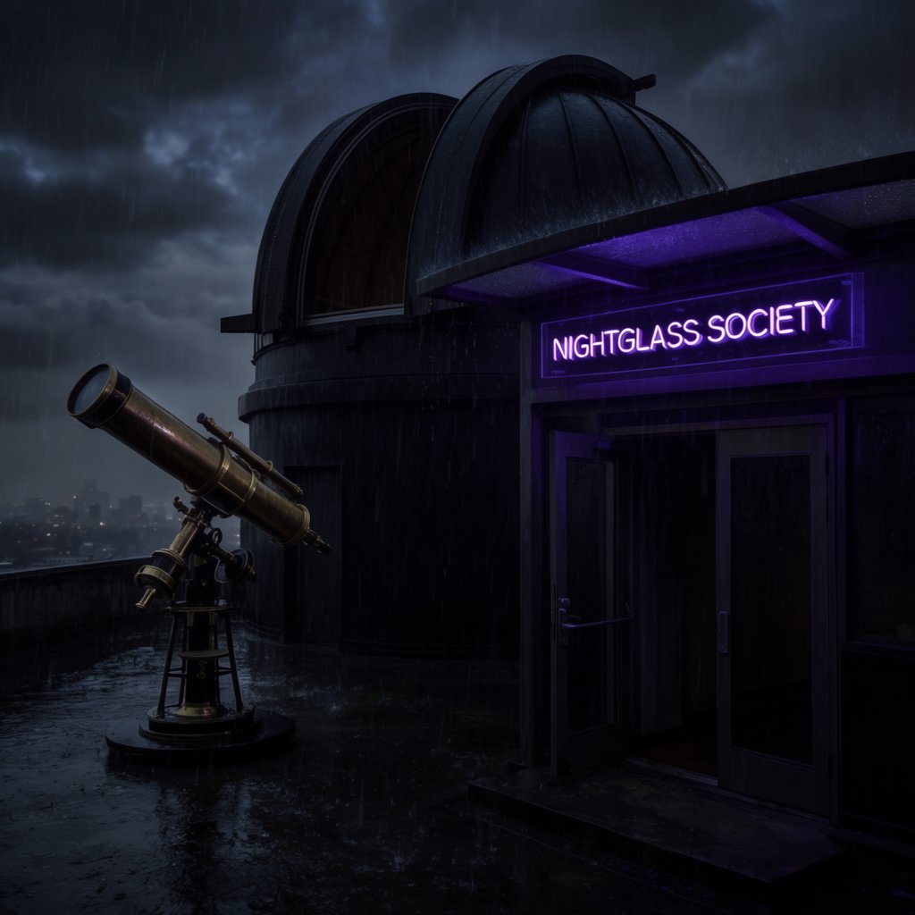 On a rain-darkened rooftop observatory, brass instruments gleam beneath a sliding dome while clouds part above the city; "NIGHTGLASS SOCIETY" glows in violet neon along the entrance canopy. — Krea 2 Large