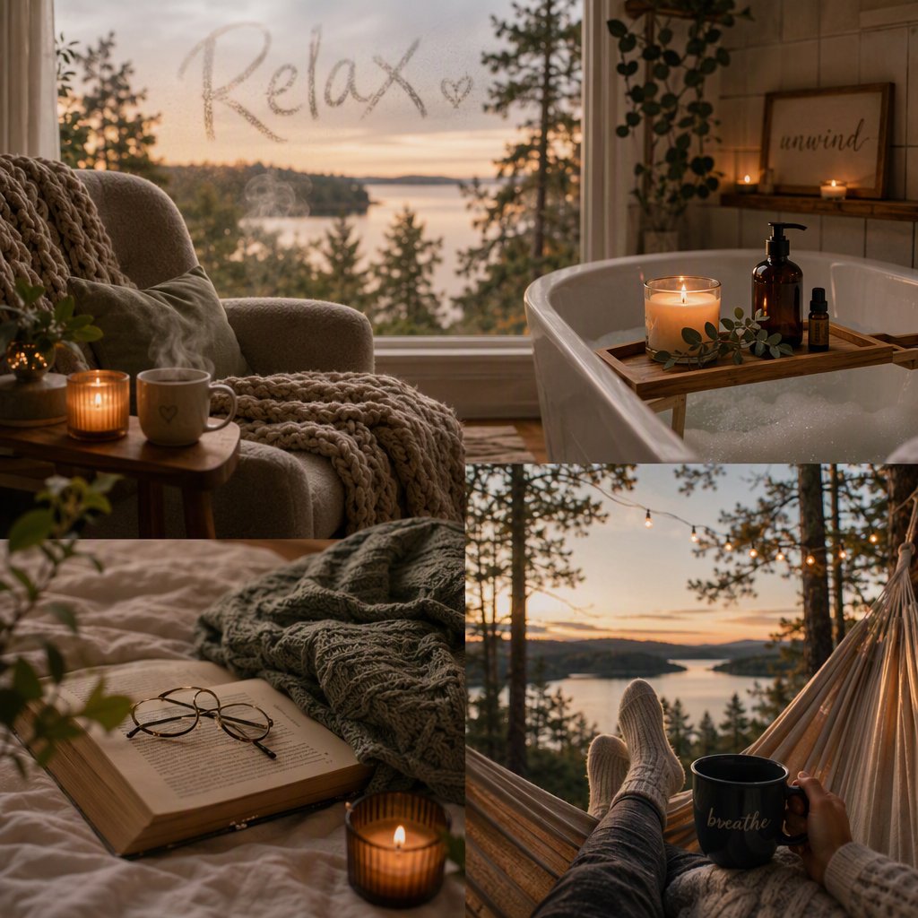 An image representing the word and concept of “Relaxing.” There are at least 4 moments that represent this. The word “Relax” and another word representing it are hidden naturally in the background. — GPT Image 2