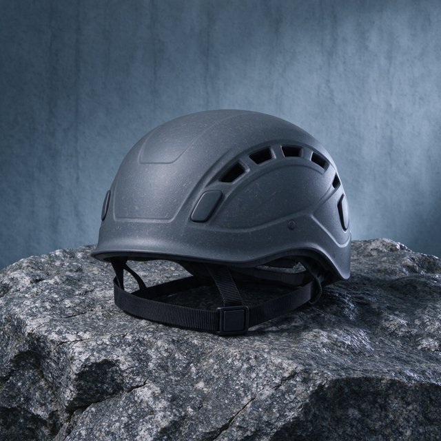 Against a muted slate backdrop, an unbranded climbing helmet with a matte recycled-polymer shell and woven nylon straps rests on rough granite; broad diffused key light and a cool rim light shape this commercial product image, with no lettering. — Seedream 5.0 Flash