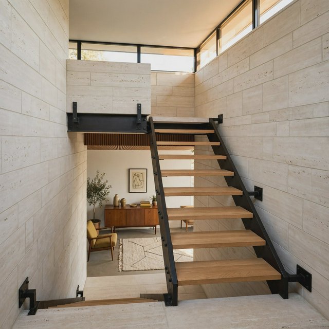 Beneath a pale limestone stairwell, a restrained mid-century modern interior frames a straight oak stair with blackened-steel stringers and limestone landings; afternoon clerestory light, viewed from the upper landing, reveals credible connections and aligned geometry. — Muse Image 1.0