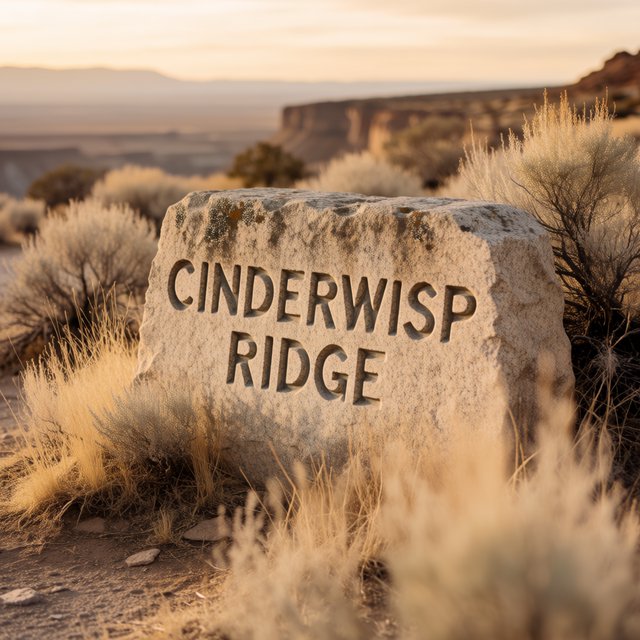 At a high desert canyon overlook, a weathered granite trail marker rises among sage and pale grasses; "CINDERWISP RIDGE" is deeply carved across its broad face, the cut letters catching slanting amber light. — Krea 2 Medium
