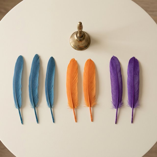 Exactly seven feathers lie on a cream tabletop: three blue on the left, two orange in the center, and two purple on the right. A brass bell sits above the orange pair, nothing else. — Nano Banana 2.1