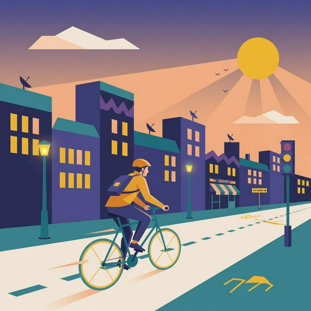 Flat vector illustration of a cyclist commuting through a city at sunrise, limited palette of five colours, geometric shapes. — Grok Imagine Image Quality