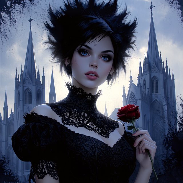 Atmospheric lighting creates soft background gradients through value blending, and surreal dark textures produce cracked surfaces and splatter via organic mark making. The fusion manifests as lace edges, dramatic chiaroscuro, and sharp focal contrast, transforming any subject through meticulous gothic surface modeling. A gothic woman depicted in 2026, with spiky black hair, blue eyes, and pale skin, wearing a black off-shoulder lace dress with a high ornate collar and puffed sleeves, holding a red rose. Close-up at eye level, the woman facing forward with her head slightly tilted, gazing directly at the viewer, holding a red rose in her right hand near her shoulder. Scene set before a gothic cathedral during overcast twilight, with misty atmosphere, featuring tall church spires in the background. — Midjourney Niji 7