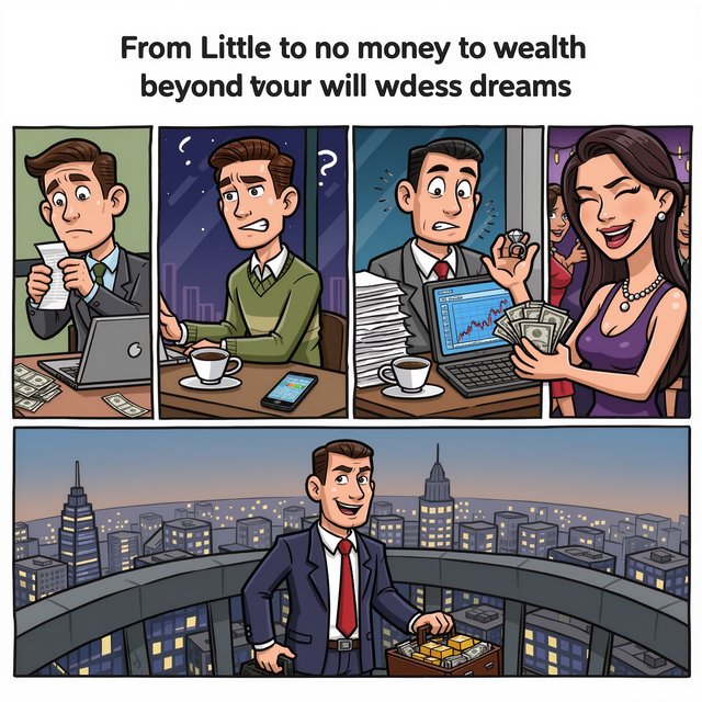 Realistic comic. At least 4 panels. It showcases 5 years of someone's life, from the first year, when they struggled to make money, to the fifth year, when they are worth millions to billions of dollars. Make sure money is seen at least once in the image. At the top, it says "From Little to no money to wealth beyond their wildest dreams". — Kling v3 Omni
