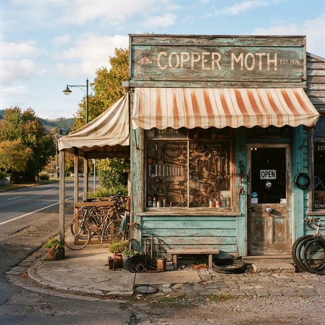An old roadside bicycle workshop beneath a faded striped awning, rusted tools displayed in the window, with "COPPER MOTH" painted in cream block letters across the weathered wooden fascia, afternoon sunlight catching peeling turquoise paint. — Nano Banana 2 Lite