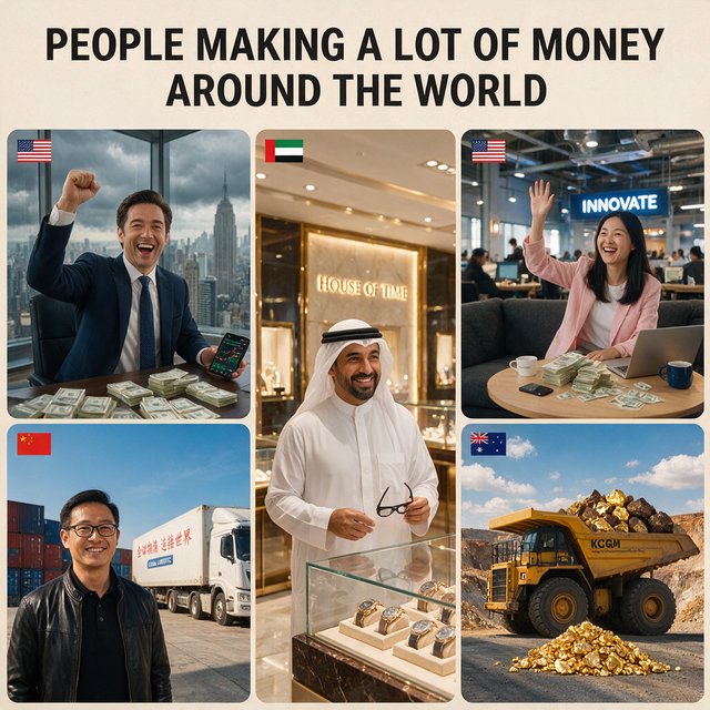 An image about people making a lot of money around the world, shown in 4–6 scenes. Realistic image. — Seedream 5.0 Pro