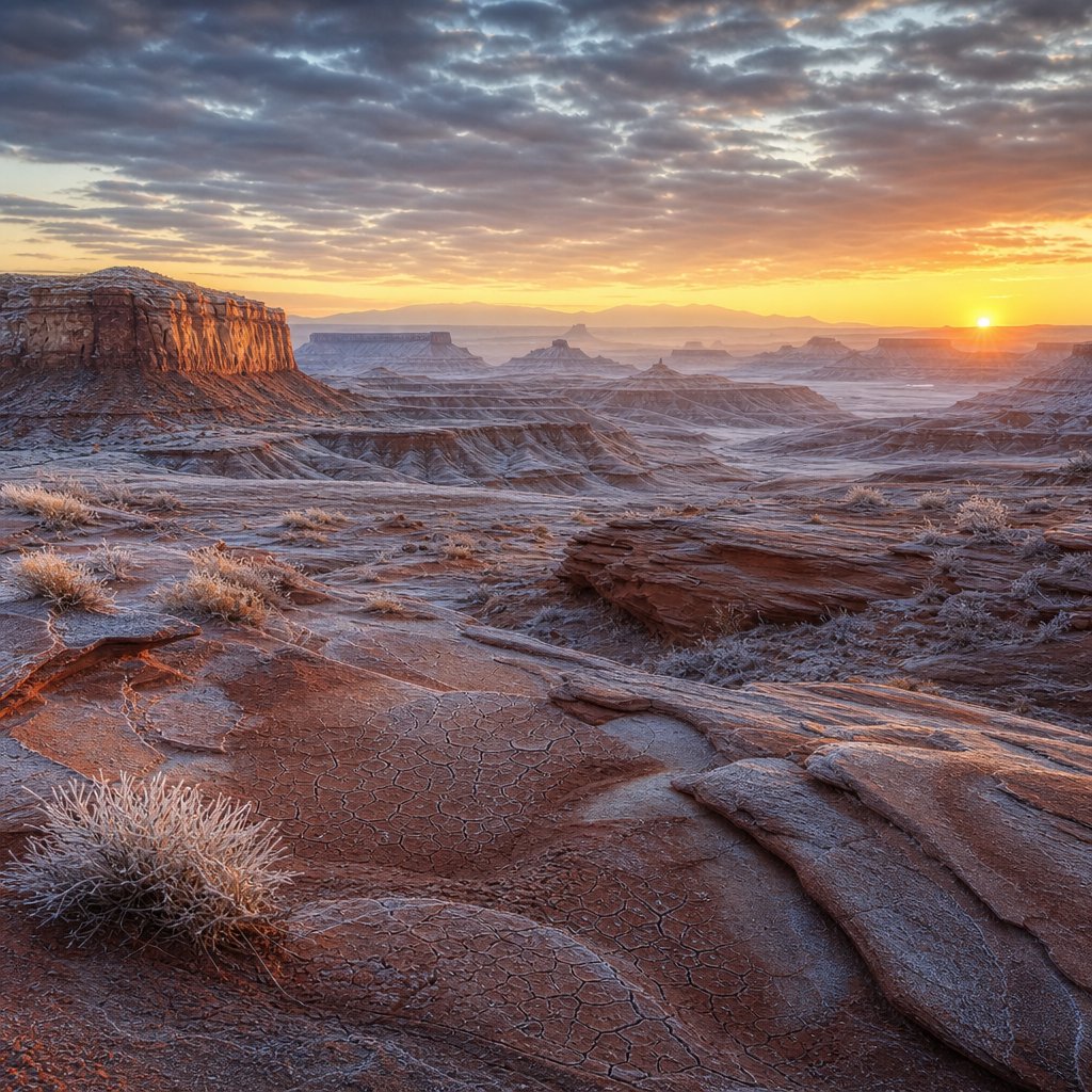 A red-sandstone badlands plateau beneath clearing winter clouds at sunrise, overnight frost silvering the gullies; cracked clay and wind-smoothed rock lead the eye across layered mesas fading into pale distance. — GPT Image 2