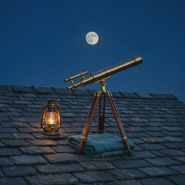 On a slate rooftop, exactly one brass telescope points east; one amber lantern sits to its left, one folded teal blanket lies beneath the tripod, and one pale moon hangs behind it in the clear sky, nothing else. — Model 14