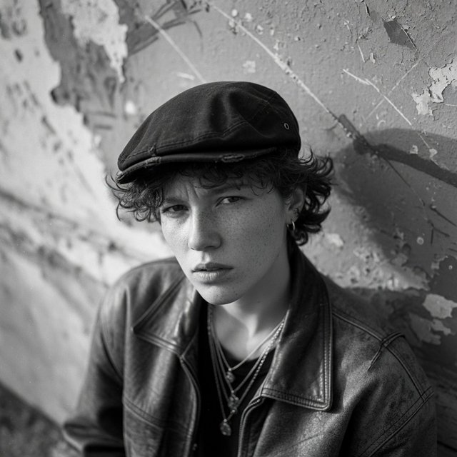 A monochrome, grainy, photorealistic medium close-up shot from a high angle: a young woman with messy, short curls, fair, freckled skin, and an intense, direct gaze into the camera. She is wearing a faded, worn-in black flat cap, a distressed vintage leather jacket over a dark undershirt, several thin silver chains, and a small hoop earring. Soft, diffused side lighting from the left casts gentle shadows across her face. In the background, a weathered wall with peeling plaster. Shallow depth of field, a moody, gritty film aesthetic, and sharp focus on the subject's eyes. — Grok Imagine Image Quality