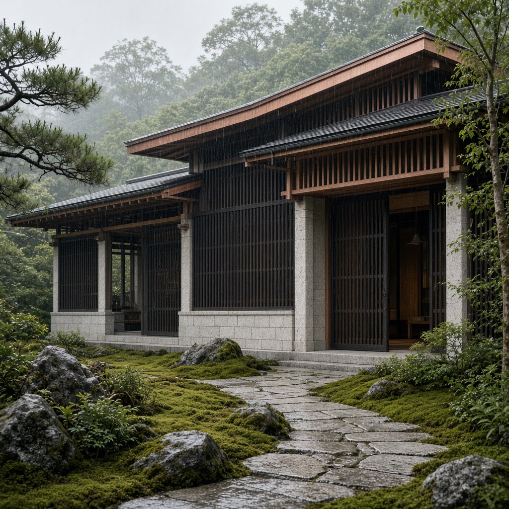 Exterior of a Kyoto-inspired contemporary teahouse in restrained Japanese timber architecture, charred cedar screens, pale granite, and a copper-clad roof; soft rain-bright afternoon light, viewed obliquely from a moss garden path, precise joinery and credible structure. — Grok Imagine Image 2