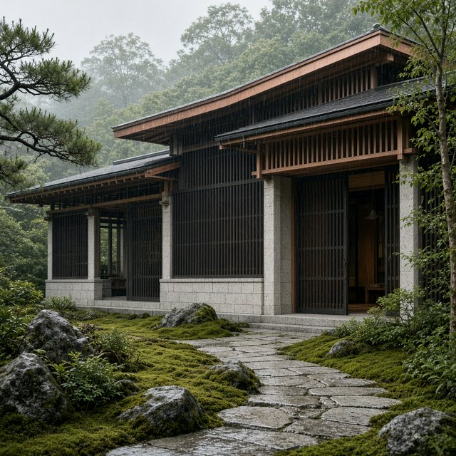 Exterior of a Kyoto-inspired contemporary teahouse in restrained Japanese timber architecture, charred cedar screens, pale granite, and a copper-clad roof; soft rain-bright afternoon light, viewed obliquely from a moss garden path, precise joinery and credible structure. — Grok Imagine Image 2