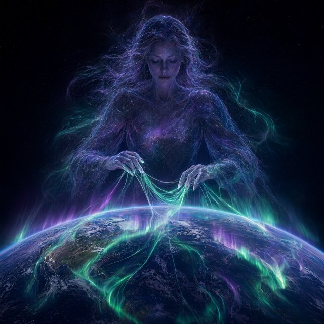 A cinematic wide-angle shot of an ethereal, gigantic adult female entity composed of stardust and nebulae. She hovers in the deep black of space, directly above the curvature of the Earth. Her fingers move like a harpist's, weaving luminous, emerald-green and violet aurora threads directly into the Earth's atmosphere. The polar lights appear like liquid silk, wrapping themselves around the planet. Realistic play of light, mystical atmosphere, bioluminescent colors, deep indigo and neon green. — Qwen Image 3.0 Pro