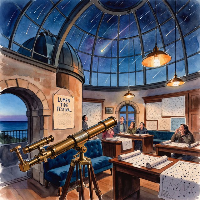 At a restored seaside observatory, a twilight meteor-watching event fills the domed hall with brass instruments, star charts, and velvet benches; "LUMEN TIDE FESTIVAL" is hand-printed in deep blue ink across a cream paper announcement beside the entrance. — ImagineArt 2