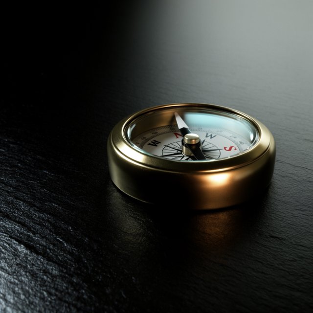 A compact brass pocket compass rests on black slate, its satin-metal casing and clear glass cover catching a broad diffused key and narrow warm rim light against a deep charcoal background; an unbranded commercial product image, blank face without lettering. — Krea 2 Large
