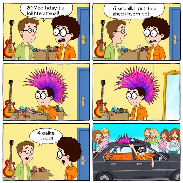 A three-row, six-panel sequence. Panel 1: A short-haired, nerdy man is talking to his friend Babu, another nerd with curly hair and round-frame glasses. They are both 20. Babu's room has a guitar and boxes full of things. Panel 2: Babu is exclaiming to his friend, saying something! Middle row, panel 3: Babu brings a spiky Mohican wig, pink to purple in color, out of one of his boxes. But it is oddly big. Panel 4: Babu stands in front of a wall mirror wearing the spiky wig—it is oddly very big! He looks concerned. Bottom row, panel 5: Babu's nerdy friend exclaims something to him, as if he has had an idea. Bottom row, panel 6: Babu is in a right-hand-drive sedan with a sunroof. Half of the spiky hair on his wig sticks out through the sunroof. The car is parked in front of a neighborhood hangout. Babu is looking out of the window, with one hand out of it. He wears sunglasses, trying to look cool. Several pretty adult women his age are giggling at him. — Krea 2 Large