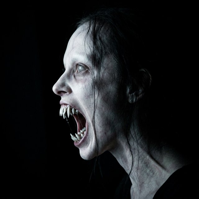A creepy woman in side profile. Focus on the head with a slightly alien figure. Pale skin. No irises in the eyes. Mouth is open wide with very sharp, long razor teeth. Black background. Chiaroscuro effect. — Nano Banana 2.1