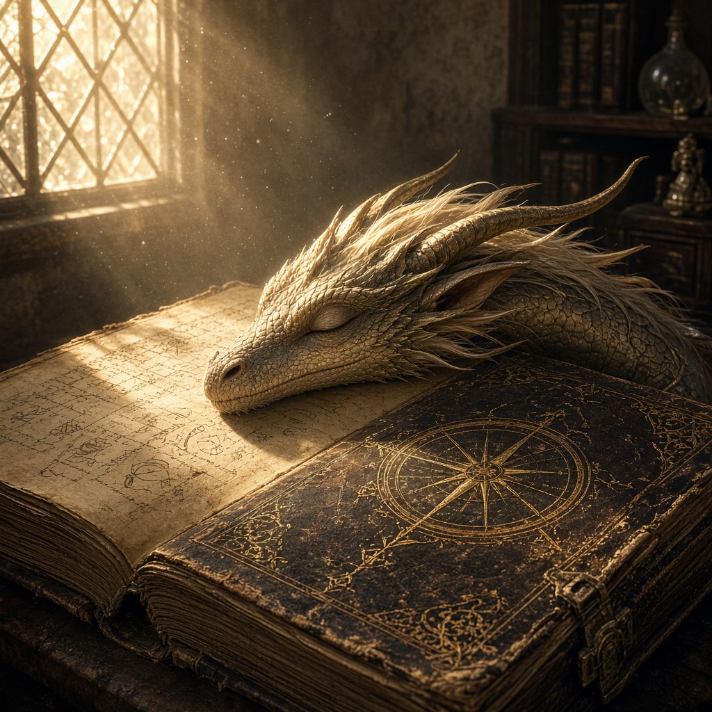 A mystical dragon's head, slender and dreamy, rests upon the yellowed pages of an ancient tome, the cover worn and mysterious, as soft warm light pours in through a nearby window, casting a serene ambiance, the air thick with the scent of old parchment and forgotten knowledge. — Grok Imagine Image 2